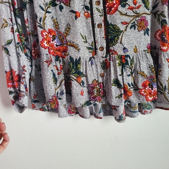 Maeve Button Down Blouse Womens 0 Gray Black Red Floral Peplum Hem Boho Business - Picture 5 of 13